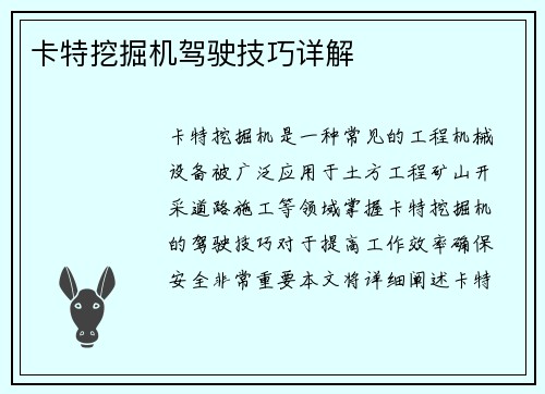 卡特挖掘机驾驶技巧详解