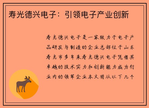 寿光德兴电子：引领电子产业创新